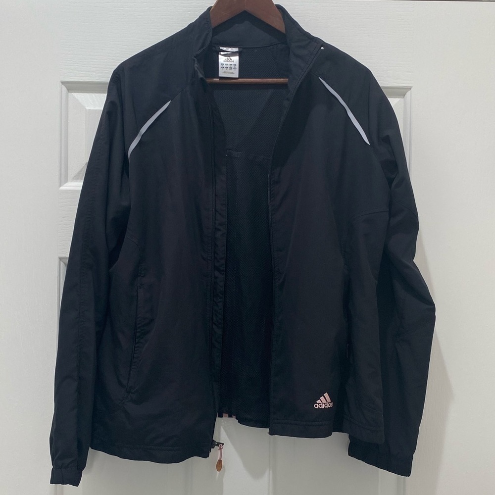 Adidas Black with Pink Adidas Stripes Track Jacket Full Zip L